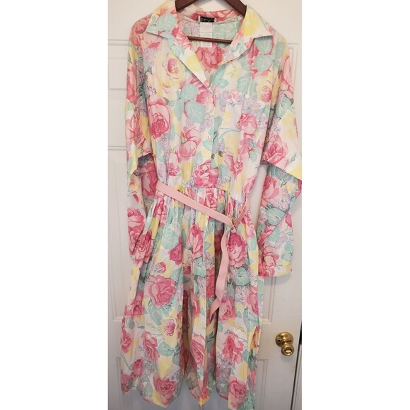 Vtg 1980s Ellen Hart Original Pink Pastel Floral Shirt Dress W/ Belt Flower 22 T - Picture 2 of 16